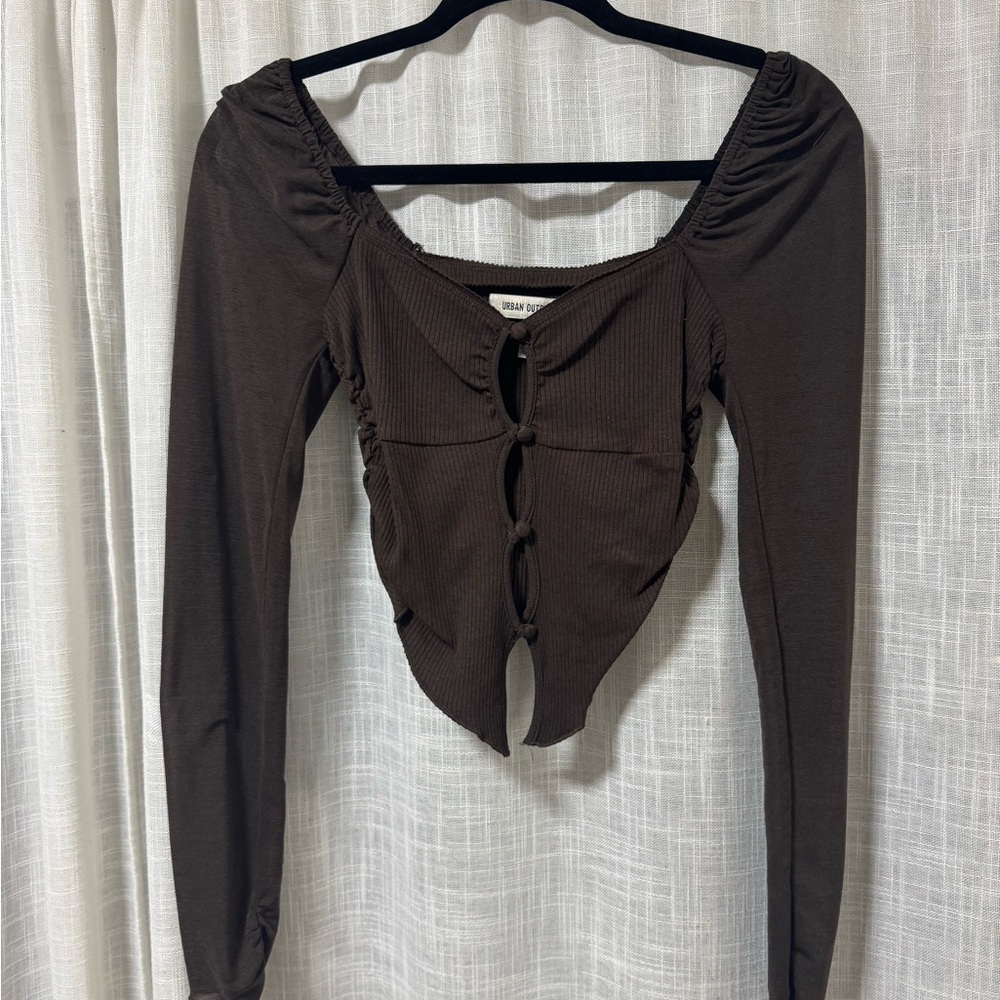 Urban Outfitters Dark Brown Ruched Long Sleeve Blouse